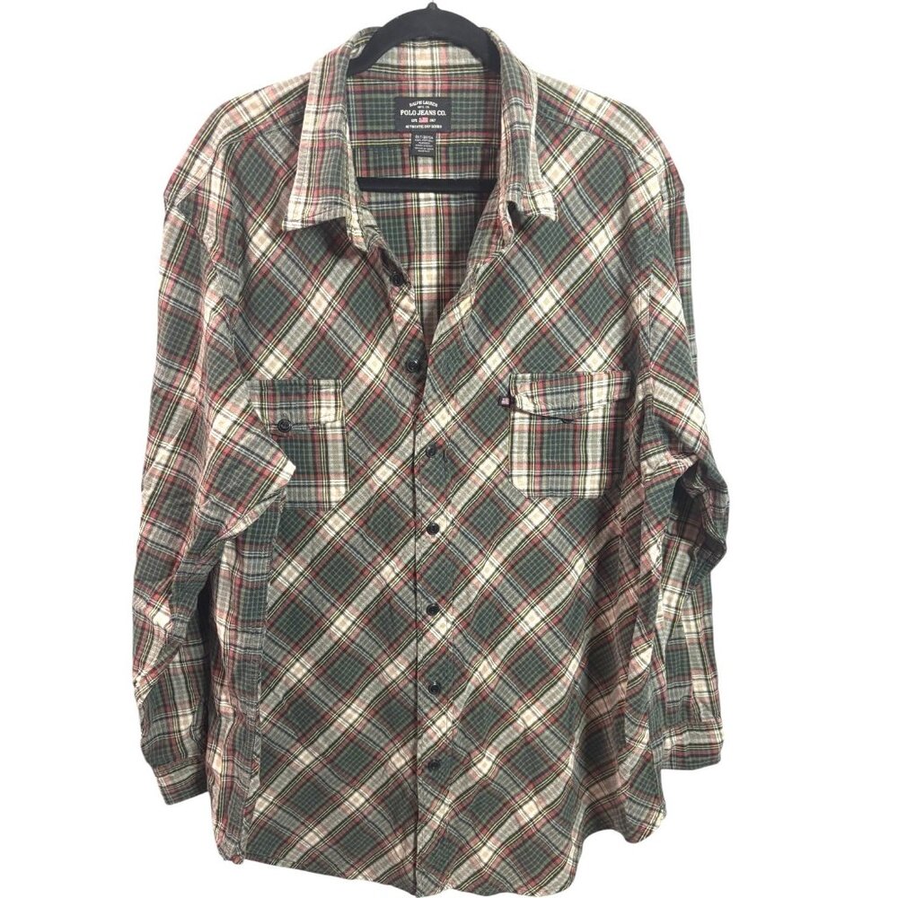 Vintage POLO JEANS RALPH LAUREN Button Down Shirt 2XT 2X TALL Plaid Cotton